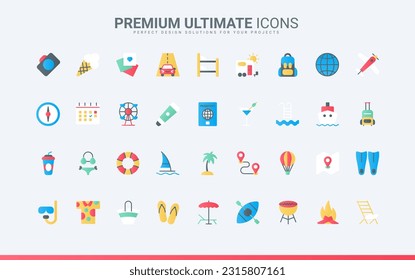 Baggage for ship cruise to tropical destination, cocktail and swimsuit for pool party, diving mask and backpack. Summer beach vacation and travel trendy flat icons set vector illustration