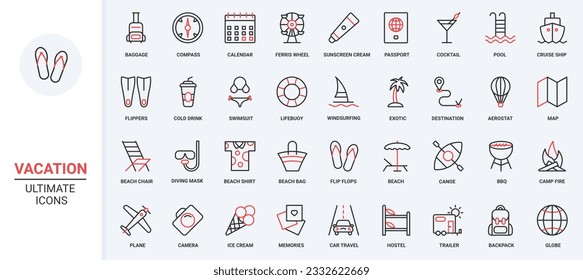 Baggage ship cruise tropical destination, cocktail and swimsuit for pool party, diving mask and backpack. Summer beach vacation and travel trendy red black thin line icons set vector illustration.