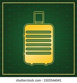 Baggage sign illustration. Golden icon with gold contour at dark green gridded white background. Illustration.