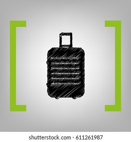Baggage sign illustration. Vector. Black scribble icon in citron brackets on grayish background.