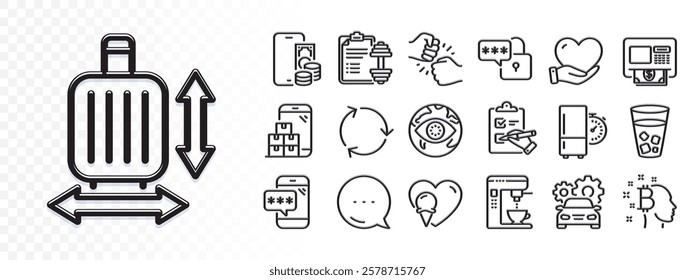 Baggage size, Bitcoin think and Atm line icons for web app. Glare of light effect. Message icon. Pack of Volunteer, Ice tea, Recycling pictogram icons. Vector