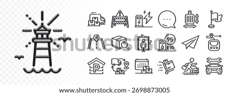 Baggage size, Petrol station and Car rental line icons for web app. Glare of light effect. Message icon. Pack of Elevator, Delivery calendar, Lighthouse pictogram icons. Vector