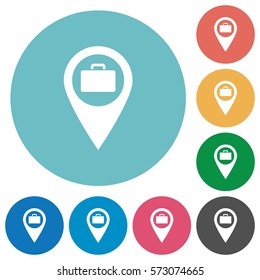 Baggage storage GPS map location flat white icons on round color backgrounds
