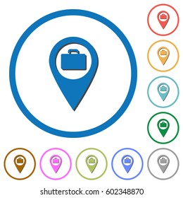 Baggage storage GPS map location flat color vector icons with shadows in round outlines on white background