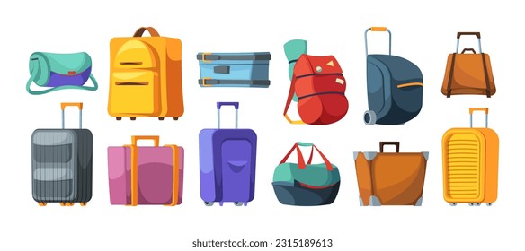 Baggage suitcase. Cartoon luggage for traveling, backpack rucksack, luggage for departure and arrival, storage for clothes and accessories. Vector set. Closed handbag, valise and bag for vacation