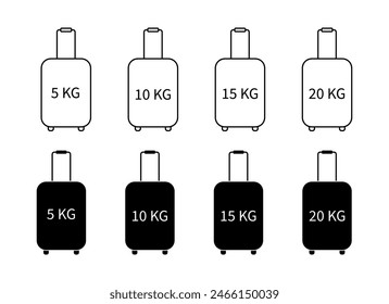 Gepäckkoffer und verschiedene Gewichtsschilder Icons setzen Vektorgrafik isoliert. Kontursymbole und schwarze Silhouetten. Handgepäck-Grafik-Elemente