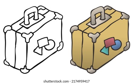 Dibujo vectorial de color de la caricatura de objetos maletarios, horizontal, sobre blanco, aislado
