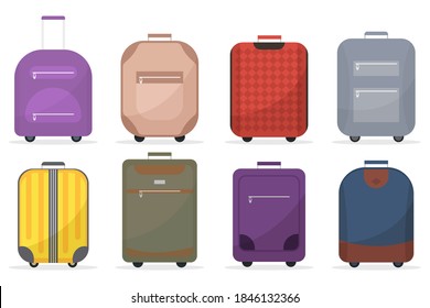 Maleta para equipaje. Maletas de plástico, metal, mochilas, maletas. Bolsas de color de caricatura firman un icono para viajes, vacaciones, turismo. Ilustración del vector