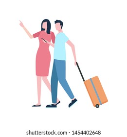 Baggage or suitcase, traveling and holidays or vacation, couple vector. Rest and recreation, flight and luggage, man and woman flying abroad, journey