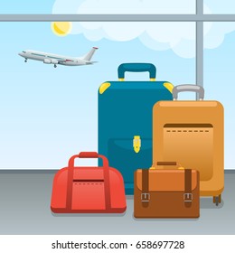 Baggage, suitcases and bags in airport. Checked in Big packed and hand luggage for traveling by aircraft. Travel and tourism concept.