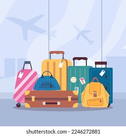 Baggage suitcases and bags in airport terminal flat vector illustration. Banner backdrop for flight and airplane trip advertisement with passenger luggage.