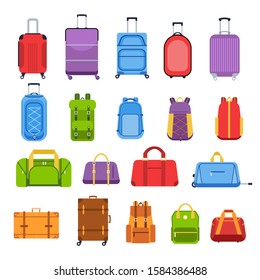 Baggage suitcases. Luggage and handle bags, backpacks, leather case, travel suitcases and bag for trip, tourism and vacation isolated vector icons set. Travel accessories colorful flat illustrations