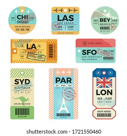 Baggage tags. Retro tickets for travellers luggage airplane stickers with stamps vector design templates