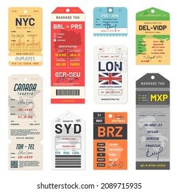 Baggage tags and travel tags. Luggage tags and labels for airport passengers. Set of luggage labels and stickers for travelers. Vector