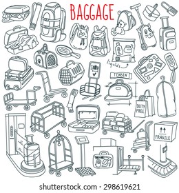 Baggage themed doodle set. Different types of luggage, bags, cases, suitcases, backpacks, transportation carts, pets carriers. Vector freehand illustration isolated over white background