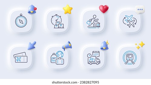 Baggage, Travel compass and Car rental line icons. Buttons with 3d bell, chat speech, cursor. Pack of Metro subway, Connecting flight, Delivery icon. Fast delivery, Boarding pass pictogram. Vector