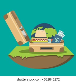 Baggage and traveling equipment flat icon set. Creative tourism design vector illustration