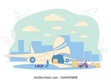Baggage Truck or Forklift Car Loading Containers in Airplane Cargo Hold. Loading Work on Airfield Scenery Background. Freight and Cargo Aviation, Goods Shipping. Flat Cartoon Vector Illustration.