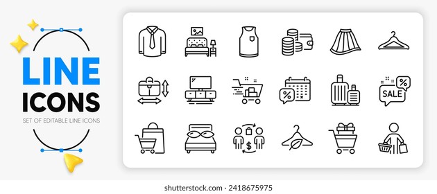 Los iconos de la línea del proceso de compra y del puesto de TV para la aplicación incluyen el tranvía de compras, las almohadas, el icono delgado del contorno de la cartera. Camiseta, Moda lenta, Icono del pictograma de Muebles. Comprador, Shirt. Vector