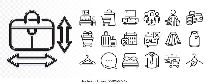 Baggage, Tv stand and Buying process line icons for web app. Glare of light effect. Message icon. Pack of Shopping trolley, Pillows, Wallet pictogram icons. Vector