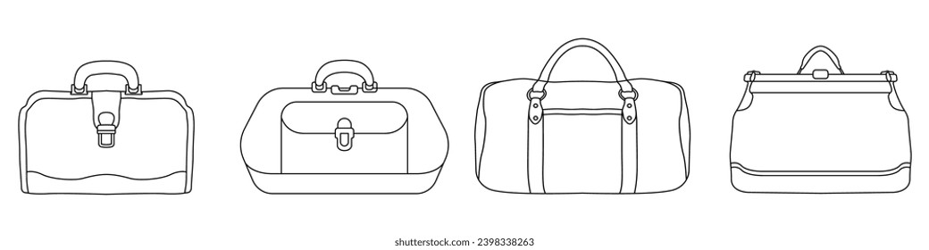 Baggage vector icon set. Leather bag in linear style set. Bag for essentials. Travel bag. Hand luggage vector. Outline bag symbol.