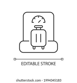 Baggage weight linear icon. Luggage weighing in airport. Traveller suitcase check. Thin line customizable illustration. Contour symbol. Vector isolated outline drawing. Editable stroke