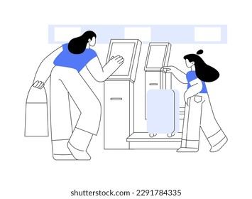 Baggage weighting scale abstract concept vector illustration. Mom and daughter weigh luggage at the airport, airway transportation, commercial transport, bag drop process abstract metaphor.