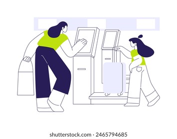 Baggage weighting scale abstract concept vector illustration. Mom and daughter weigh luggage at the airport, airway transportation, commercial transport, bag drop process abstract metaphor.