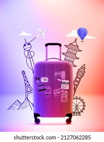 Baggage with world sights silhouettes. 3d vector illustration