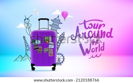 Baggage with world sights silhouettes. 3d vector illustration