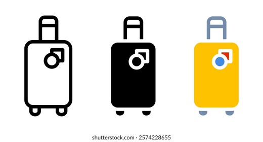 Baggage yellow icon. Travel suitcase illustration. Holiday trip bag symbol. Summer journey sign. Flight luggage pictogram.