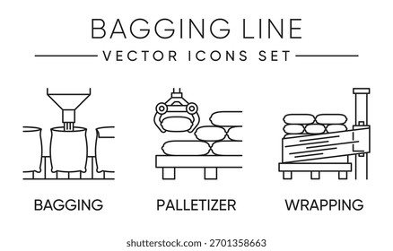 Bagging line icons set - robotic equipment for bagging, palletizing and wrapping. Pictograms for labeling or infographics in thin line