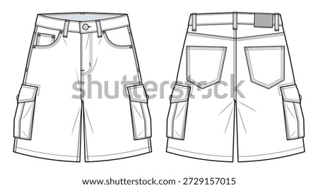 Men’s Baggy Denim Cargo Jorts Technical Illustration - Multi-Pocket Utility Jean Shorts Vector Template with Front and Back View - Streetwear CAD Mockup Set