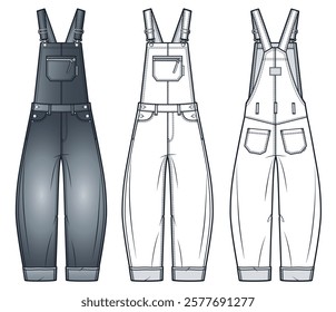 Baggy Denim Overalls technical fashion sketch. Jumpsuit fashion flat technical drawing template, barrel leg, pockets, oversize, front and back view, white, grey, women, men, unisex CAD mockup set.