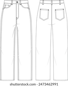 Baggy fit comfort jeans. Regular fit trousers. Unisex casual wear. Vector technical sketch. Mockup template.