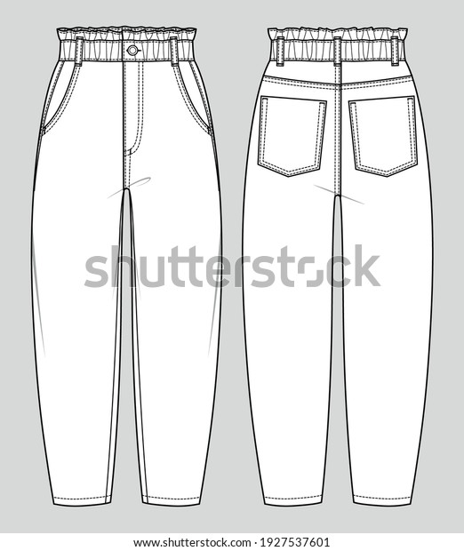 Baggy fit\
jeans. High-waist paperbag trousers. Women\'s casual wear. Vector\
technical sketch. Mockup\
template.