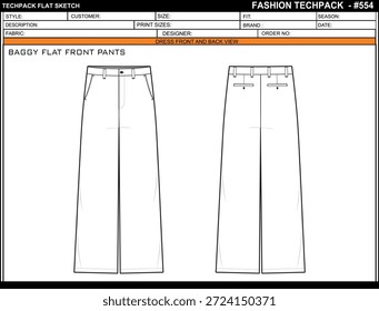 PANTALONES DELANTEROS PLANOS HOLGADOS DISEÑO DE PLANTILLA DE DISEÑO TECHPACK VACÍO FÁCIL DE EDITAR