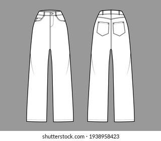 Baggy Jeans Denim pants technical fashion illustration with full length, normal waist, high rise, 5 pockets, belt loops. Flat bottom template front, back, white color style. Women, unisex CAD mockup