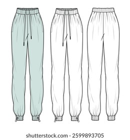 Baggy pant for women flat sketch vector mockup template technical illustration.