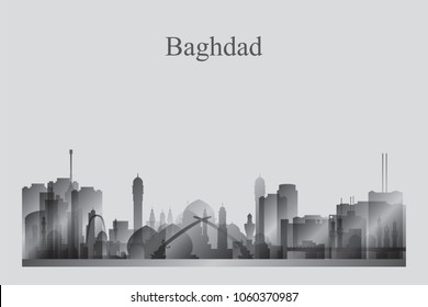 Baghdad city skyline silhouette in grayscale vector illustration