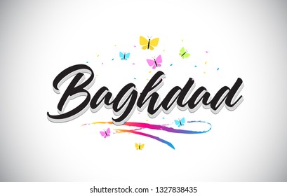 Baghdad Handwritten Word Text with Butterflies and Colorful Swoosh Vector Illustration Design.