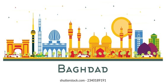 Baghdad Iraq city Skyline with Color Buildings isolated on white. Vector Illustration. Business Travel and Tourism Concept with Historic Buildings. Baghdad Cityscape with landmarks.