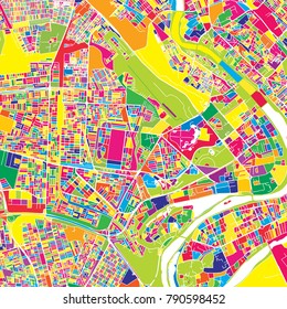 Baghdad, Iraq, colorful vector map.  White streets, railways and water. Bright colored landmark shapes. Art print pattern.