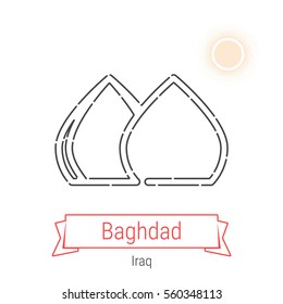 Baghdad (Iraq) flat style thin line icon with an inscription on a ribbon banner with the sun in the background. Baghdad logo, landmark, vector symbol. Martyr's Monument pictogram.