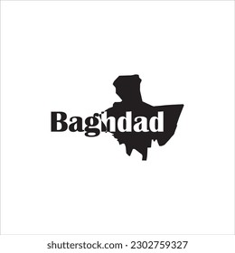 Mapa de Bagdad y diseño de letras negras sobre fondo blanco