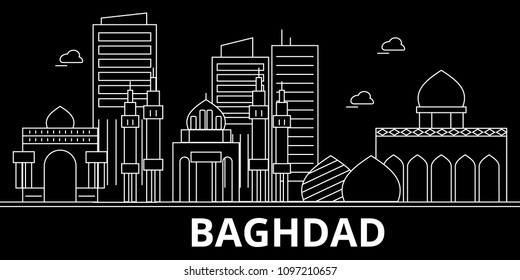 Baghdad silhouette skyline. Iraq - Baghdad vector city, iraqi linear architecture, buildings. Baghdad travel illustration, outline landmarks. Iraq flat icons, iraqi line banner