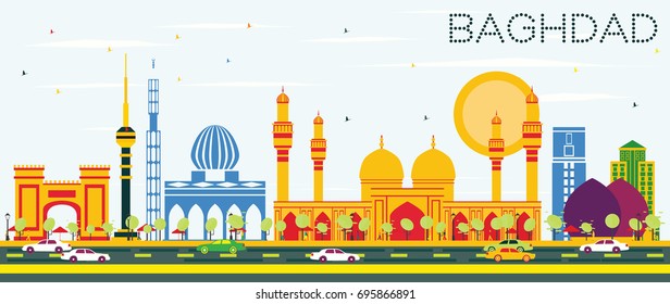Baghdad Skyline with Color Buildings and Blue Sky. Vector Illustration. Business Travel and Tourism Concept with Historic Buildings. Image for Presentation Banner Placard and Web Site.
