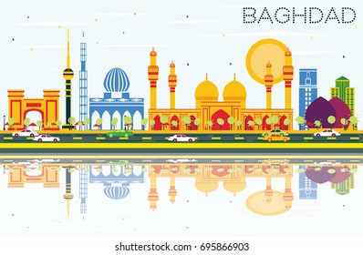 Baghdad Skyline with Color Buildings, Blue Sky and Reflections. Vector Illustration. Business Travel and Tourism Concept with Historic Buildings. Image for Presentation Banner Placard and Web Site.