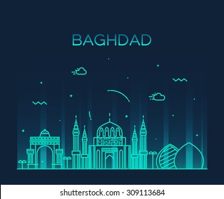 Baghdad skyline, detailed silhouette. Trendy vector illustration, linear style.