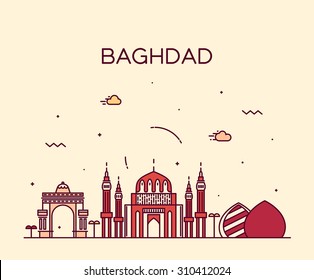 Baghdad skyline, detailed silhouette. Trendy vector illustration, linear style.